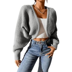 imageSweatyRocks Womens Casual Long Sleeve Ribbed Knit Top Open Front Cropped Cardigan SweaterLight Grey