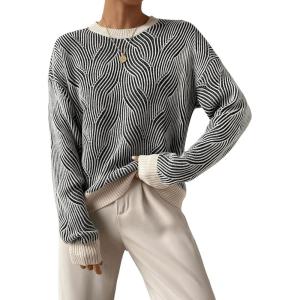 imageSweatyRocks Womens Casual Long Sleeve Round Neck Top Drop Shoulder Pattern Cable Knit Pullover SweaterBlack White