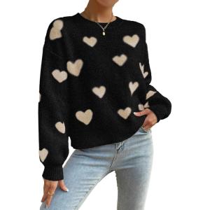 imageSweatyRocks Womens Casual Long Sleeve Round Neck Top Drop Shoulder Pattern Cable Knit Pullover SweaterWhite Black Heart