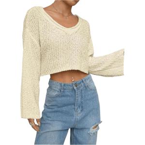 imageSweatyRocks Womens Casual V Neck Off Shoulder Crochet Sweater Long Sleeve Pullover Loose TopsBeige