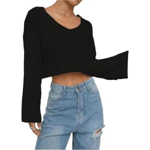 imageSweatyRocks Womens Casual V Neck Off Shoulder Crochet Sweater Long Sleeve Pullover Loose TopsBlack