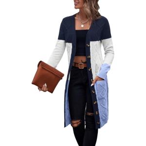 imageSweatyRocks Womens Color Block Button Front V Neck Long Sleeve Cardigan Soft Knit Long Coat SweaterBlue and White