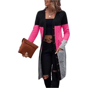 imageSweatyRocks Womens Color Block Button Front V Neck Long Sleeve Cardigan Soft Knit Long Coat SweaterPink and Black