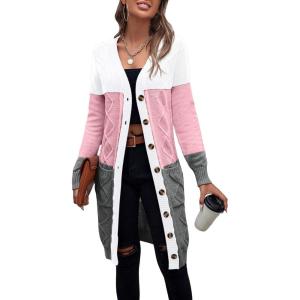 imageSweatyRocks Womens Color Block Button Front V Neck Long Sleeve Cardigan Soft Knit Long Coat SweaterPink and White