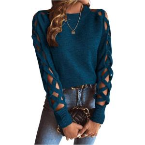 imageSweatyRocks Womens Criss Cross Cut Out Sleeve Round Neck Hollow Out Knit Sweater TopsBlue