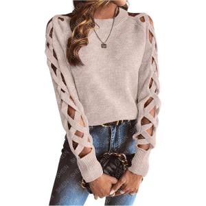 imageSweatyRocks Womens Criss Cross Cut Out Sleeve Round Neck Hollow Out Knit Sweater TopsDusty Pink
