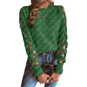 imageSweatyRocks Womens Criss Cross Cut Out Sleeve Round Neck Hollow Out Knit Sweater TopsGreen
