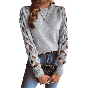 imageSweatyRocks Womens Criss Cross Cut Out Sleeve Round Neck Hollow Out Knit Sweater TopsGrey