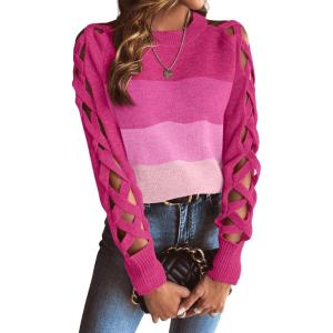 imageSweatyRocks Womens Criss Cross Cut Out Sleeve Round Neck Hollow Out Knit Sweater TopsPink