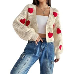imageSweatyRocks Womens Graphic Embroidery Long Sleeve Loose Cardigan Open Front Knit Cardigan Crop SweaterApricot Heart