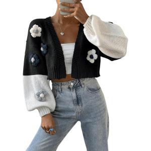imageSweatyRocks Womens Graphic Embroidery Long Sleeve Loose Cardigan Open Front Knit Cardigan Crop SweaterBlack White