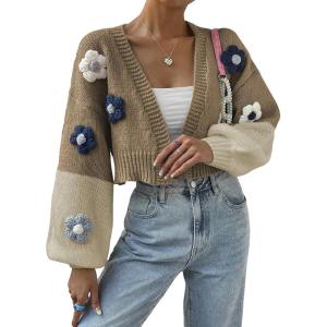 imageSweatyRocks Womens Graphic Embroidery Long Sleeve Loose Cardigan Open Front Knit Cardigan Crop SweaterCoffee Brown