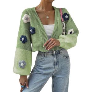 imageSweatyRocks Womens Graphic Embroidery Long Sleeve Loose Cardigan Open Front Knit Cardigan Crop SweaterGreen