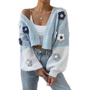 imageSweatyRocks Womens Graphic Embroidery Long Sleeve Loose Cardigan Open Front Knit Cardigan Crop SweaterPale Blue