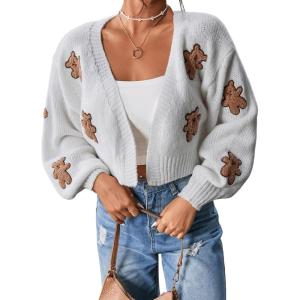 imageSweatyRocks Womens Graphic Embroidery Long Sleeve Loose Cardigan Open Front Knit Cardigan Crop SweaterWhite