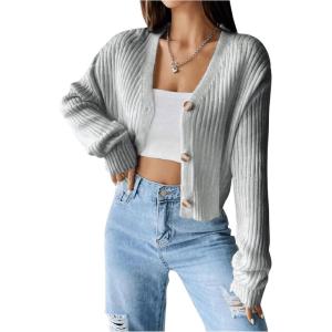 imageSweatyRocks Womens Long Sleeve Button Front V Neck Soft Knit Cardigan SweatersGrey