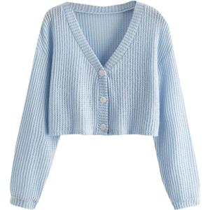 imageSweatyRocks Womens Long Sleeve Button Front V Neck Soft Knit Cardigan SweatersP Blue