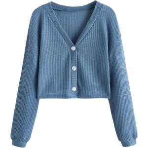 imageSweatyRocks Womens Long Sleeve Button Front V Neck Soft Knit Cardigan SweatersSolid Blue