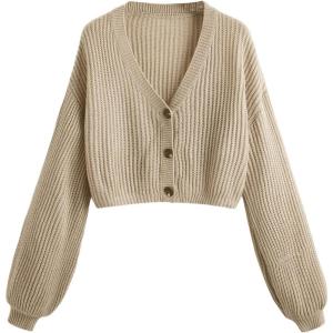 imageSweatyRocks Womens Long Sleeve Button Front V Neck Soft Knit Cardigan SweatersSolid Khaki