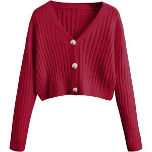 imageSweatyRocks Womens Long Sleeve Button Front V Neck Soft Knit Cardigan SweatersSolid Red