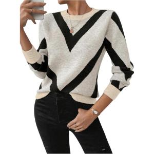 imageSweatyRocks Womens Patterned Fuzzy Knit Business Sweater Long Sleeve Chunky Loose Fit Pullover TopBlack and Beige
