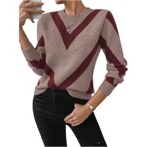 imageSweatyRocks Womens Patterned Fuzzy Knit Business Sweater Long Sleeve Chunky Loose Fit Pullover TopRed and Khaki