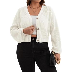 imageSweatyRocks Womens Plus Size Knit Open Front Sweater Long Sleeve Button Loose Short Cardigan Outerwear CoatsApricot