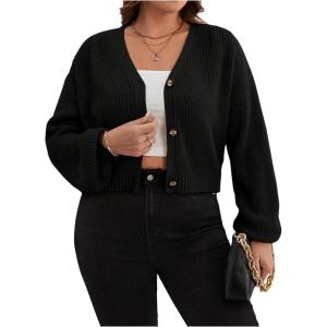 imageSweatyRocks Womens Plus Size Knit Open Front Sweater Long Sleeve Button Loose Short Cardigan Outerwear CoatsBlack