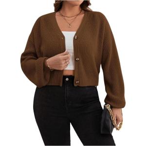 imageSweatyRocks Womens Plus Size Knit Open Front Sweater Long Sleeve Button Loose Short Cardigan Outerwear CoatsCoffee Brown