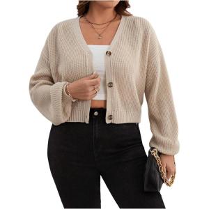 imageSweatyRocks Womens Plus Size Knit Open Front Sweater Long Sleeve Button Loose Short Cardigan Outerwear CoatsKhaki