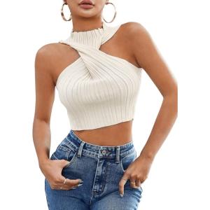 imageSweatyRocks Womens Sleeveless Halter Twist Front Crop Top Slim Fit Ribbed Knit Vest Tank TopsApricot