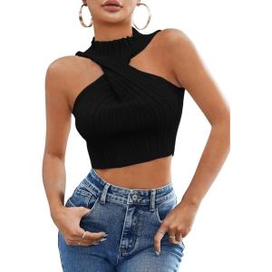 imageSweatyRocks Womens Sleeveless Halter Twist Front Crop Top Slim Fit Ribbed Knit Vest Tank TopsBlack