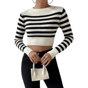 imageSweatyRocks Womens Striped Ribbed Knit Long Sleeve Round Neck Shirt Slim Fit Pullover Sweater Crop TopBlack White