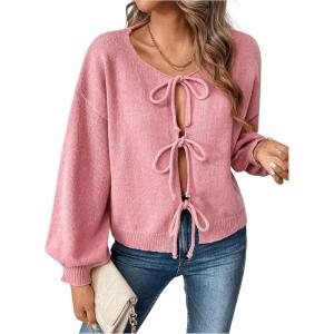 imageSweatyRocks Womens Tie Front Cropped Cardigan Sweater Lace Up Knitwear JacketPink