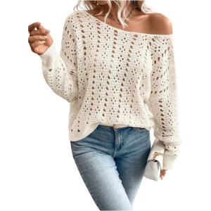 imageSweatyRocks Womens Twist Back Hollow Out Sweater Off The Shoulder Long Sleeve Knit Pullover TopsBeige