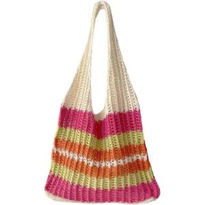 imageSweatyRocks Womens Colorblock Hollow Out Crochet Bag Double Handle Shoulder Handbag Large Capacity Shopping BagsMulticolor