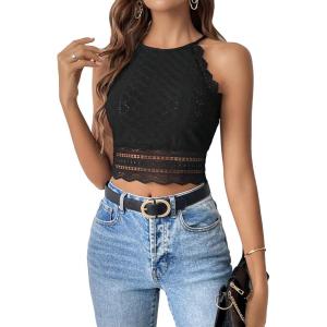 imageSweatyRocks Womens Floral Lace Slim Fit Crop Halter Top Sleeveless Cami Tank TopsBlack