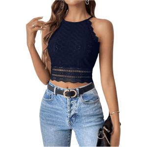 imageSweatyRocks Womens Floral Lace Slim Fit Crop Halter Top Sleeveless Cami Tank TopsBlue