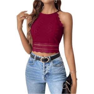 imageSweatyRocks Womens Floral Lace Slim Fit Crop Halter Top Sleeveless Cami Tank TopsRed