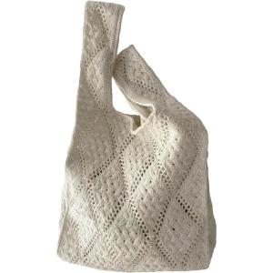 imageSweatyRocks Womens Hollow Out Knitted Large Capacity Shoulder Handbag Geometric Pattern Double Handle Solid Crochet BagBeige