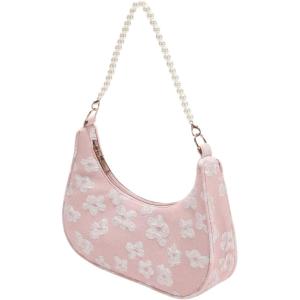 imageSweatyRocks Womens Pearls Chain Top Handle Shoulder Bags PU Leather Zipper Hobo Bags Clutch PursesPink