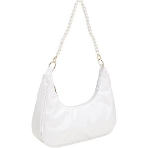 imageSweatyRocks Womens Pearls Chain Top Handle Shoulder Bags PU Leather Zipper Hobo Bags Clutch PursesWhite