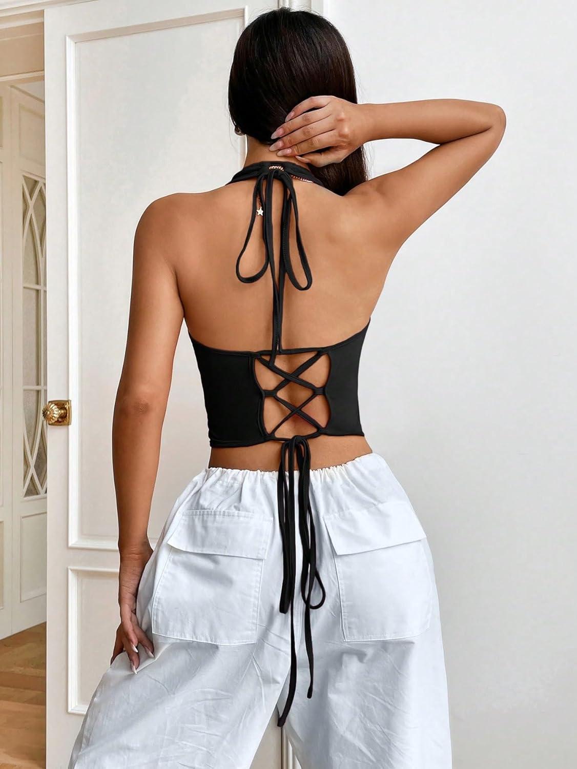 imageSweatyRocks Womens Asymmetrical Hem Backless Halter Top Casual Sleeveless Lace Up Back Cropped TankBlack