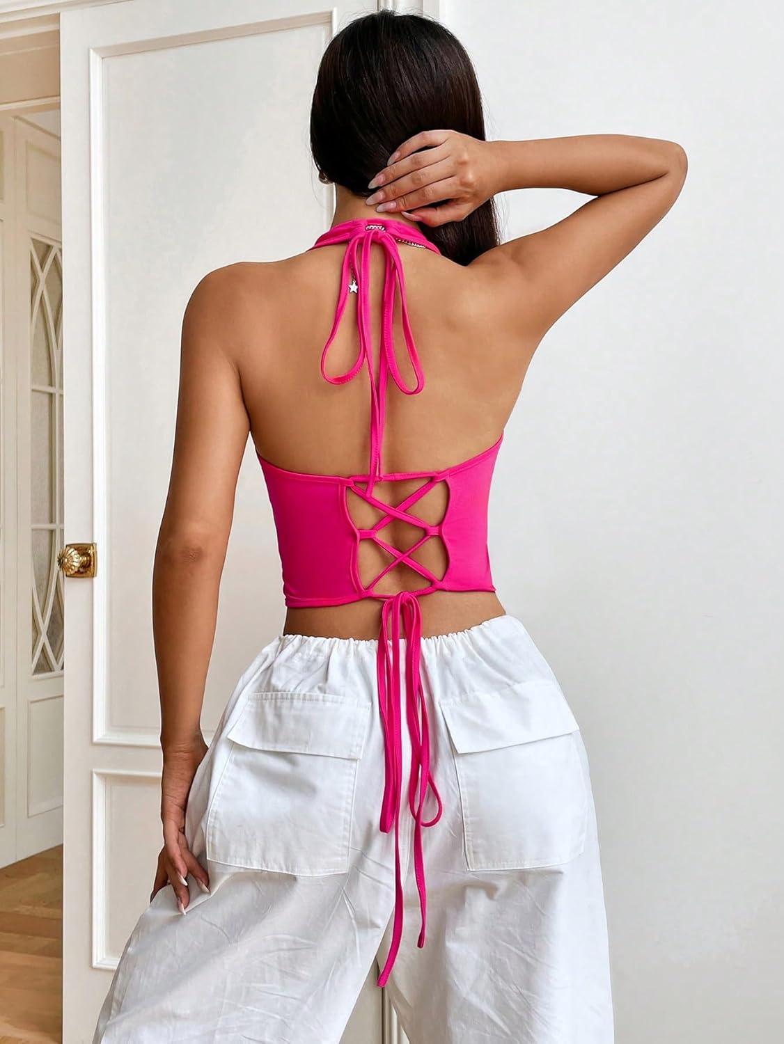 imageSweatyRocks Womens Asymmetrical Hem Backless Halter Top Casual Sleeveless Lace Up Back Cropped TankHot Pink