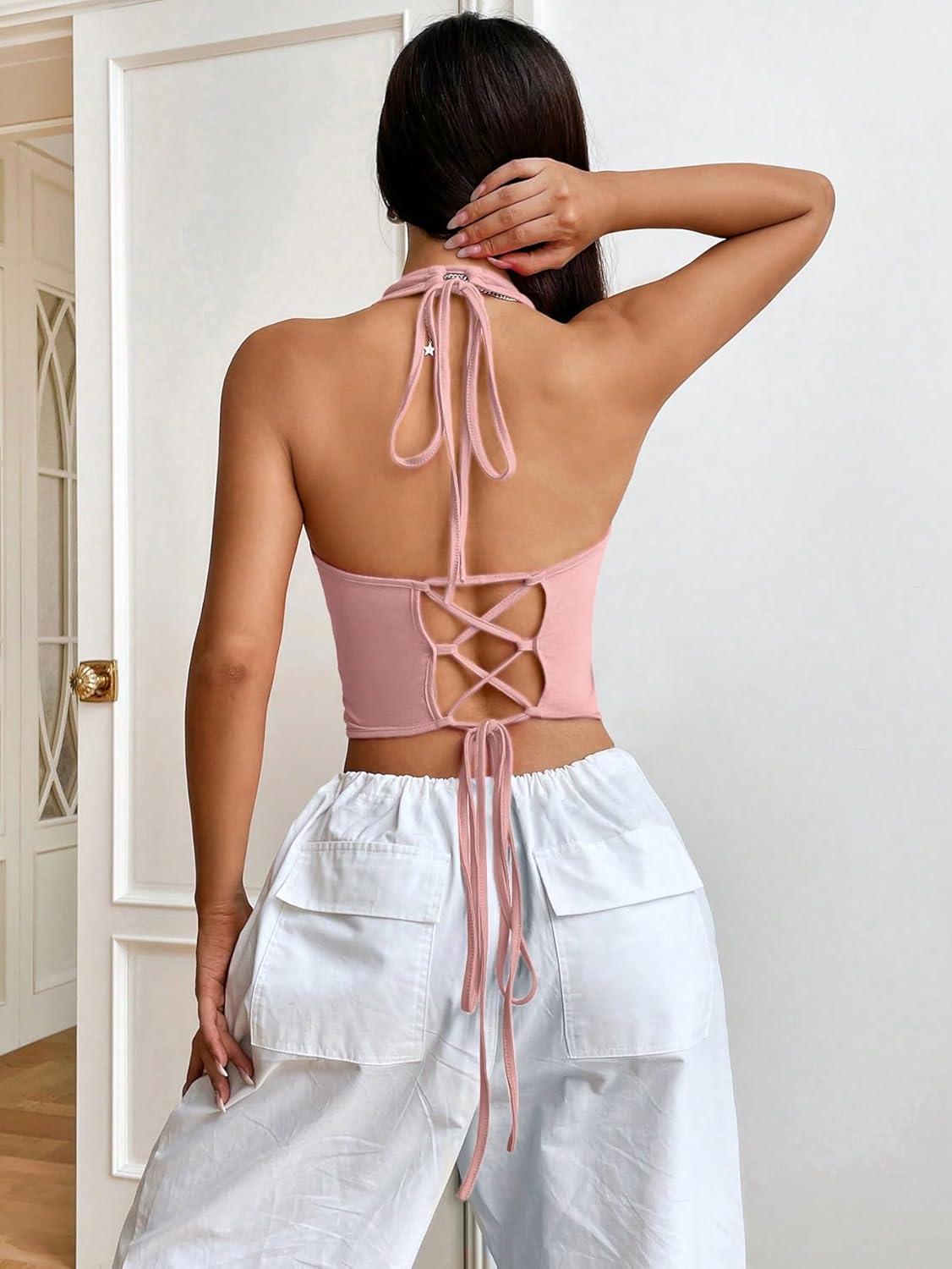imageSweatyRocks Womens Asymmetrical Hem Backless Halter Top Casual Sleeveless Lace Up Back Cropped TankPink