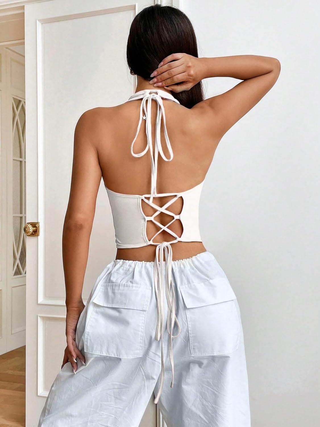 imageSweatyRocks Womens Asymmetrical Hem Backless Halter Top Casual Sleeveless Lace Up Back Cropped TankWhite