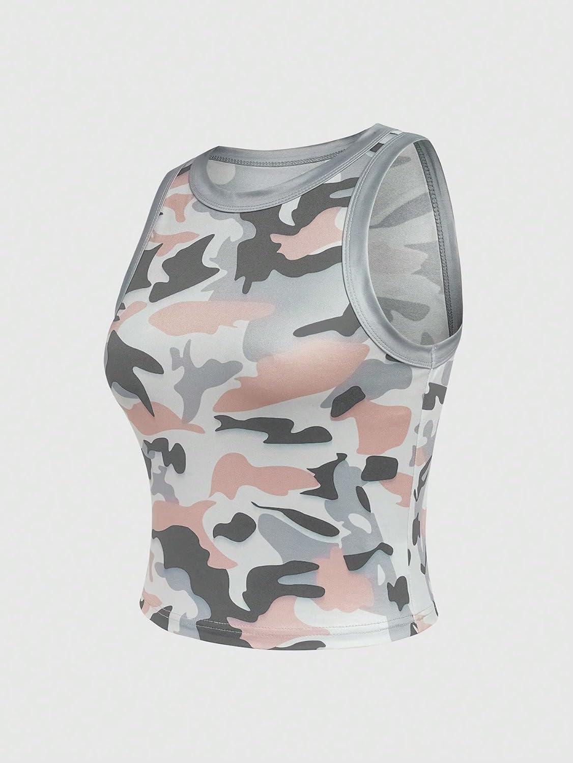 imageSweatyRocks Womens Camo Print Sleeveless Round Neck Tank Top Slim Fit Workout Vest TopsMulticolor
