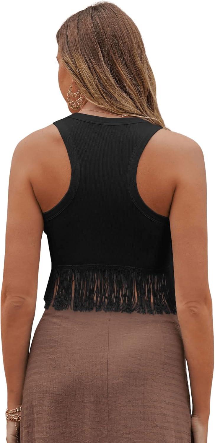 imageSweatyRocks Womens Casual Sleeveless Stretchy Ribbed Knit Shirt Racerback Crop Fringe Tank topBlack