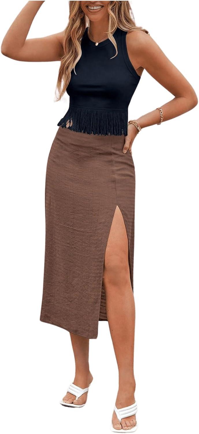 imageSweatyRocks Womens Casual Sleeveless Stretchy Ribbed Knit Shirt Racerback Crop Fringe Tank topBlue