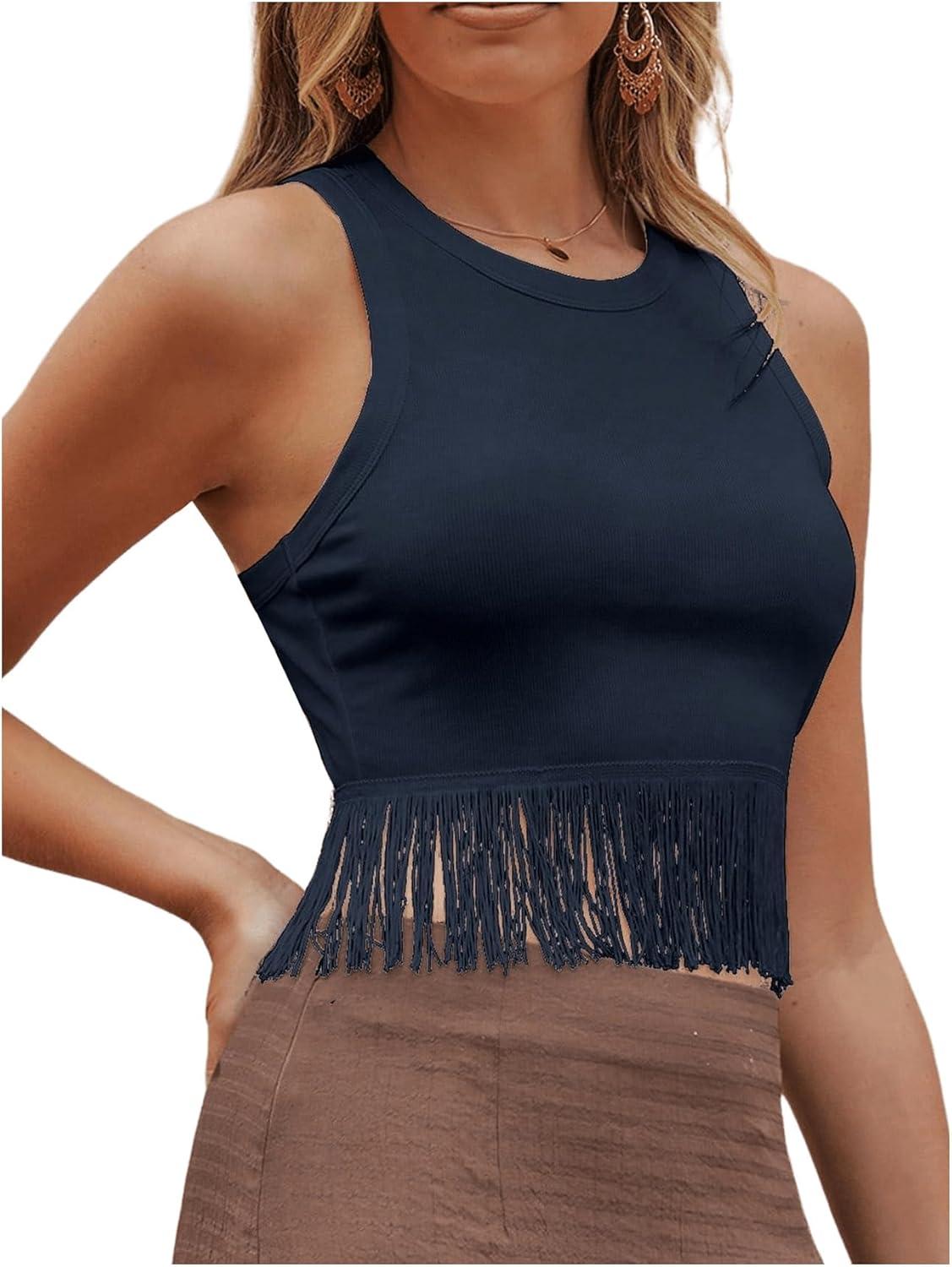 imageSweatyRocks Womens Casual Sleeveless Stretchy Ribbed Knit Shirt Racerback Crop Fringe Tank topBlue